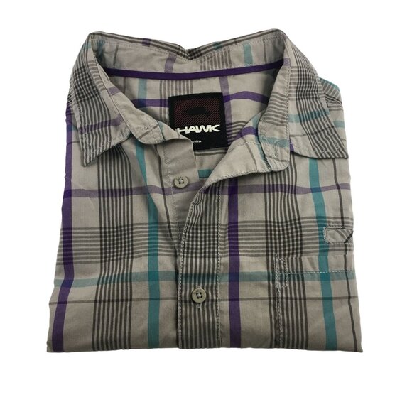 TONY HAWK SHORT SLEEVE GRAY PURPLE BLUE PLAID SHORT SLEEVE BUTTON DOWN SHIRT MEN - Picture 3 of 4